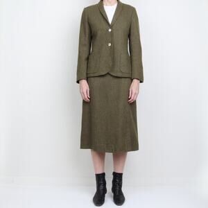 Vintage Army Green Wool Midi Skirt Suit S